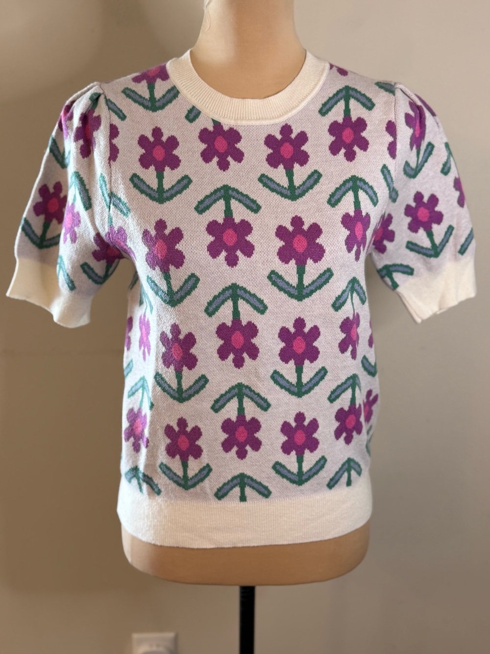 &Merci preppy cottage short sleeve sweater purple green white SM
